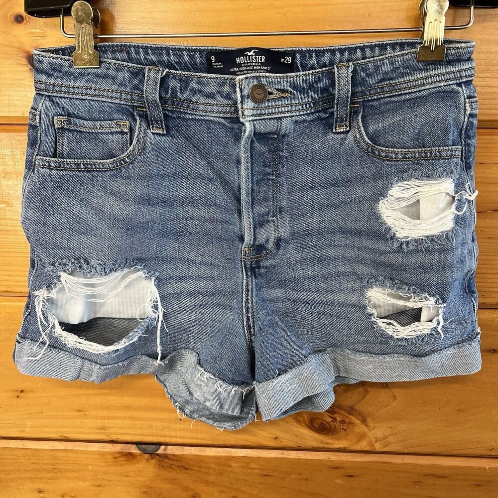 Hollister Mom Shorts Women 9 / 29 Ultra High-Rise Blue Distressed Casual Denim